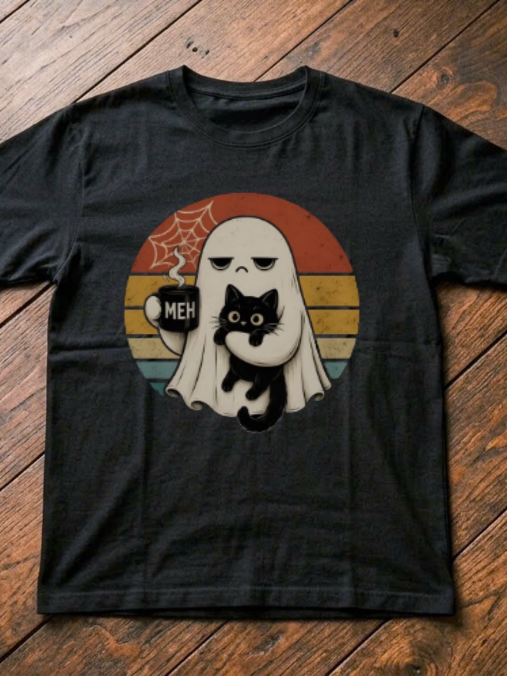 Black 'Meh Ghost with Cat' Graphic Tee - Unbranded